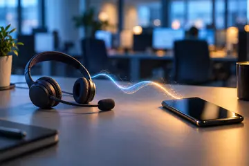Headset de atendimento sobre mesa com ondas de som luminosas conectando a um telefone, conceito de agente de voz