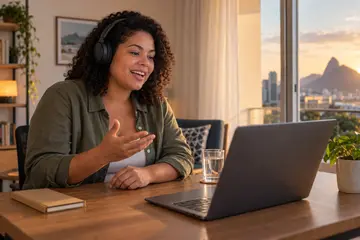 Profissional brasileiro com fones de ouvido pratica inglês em casa, com notebook aberto e luz natural na mesa