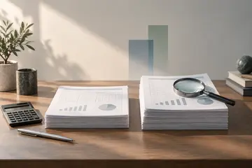 Mesa de contador com duas pilhas de planilhas impressas lado a lado, calculadora e lupa sobre os documentos