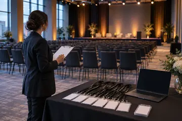 Planejadora com prancheta em auditório sendo preparado, cadeiras vazias, crachás e palco iluminado ao fundo