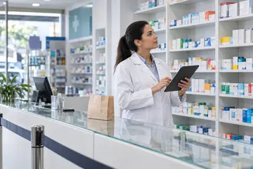 Farmacêutica com tablet no balcão de uma drogaria brasileira diante de prateleiras de medicamentos sem rótulos legíveis