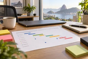 Mesa de uma gestora de projetos no Brasil com cronograma impresso, notas adesivas, notebook fechado e café em luz natural