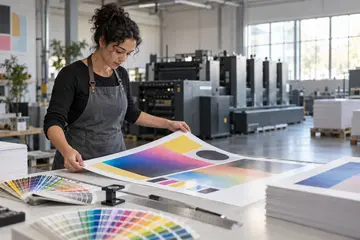 Operador de gráfica inspeciona folha impressa em mesa de luz com leques de cores ao redor