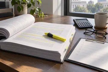Edital impresso sobre mesa com marcador de texto, prancheta com checklist e calculadora em luz lateral