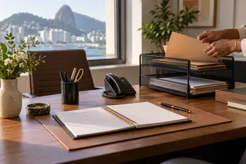 Mesa organizada de assistente administrativa com agenda de papel, bandejas de documentos e telefone em escritório brasileiro