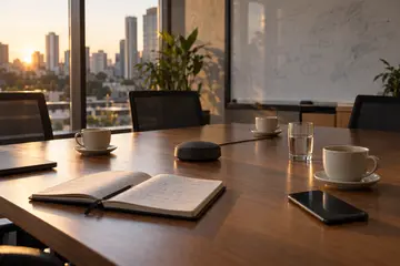 Mesa de reunião com caderno aberto, microfone de conferência e café após uma reunião de trabalho