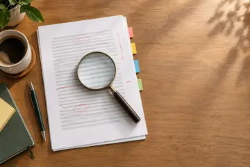 Mesa de revisão com manuscrito impresso, marcas de caneta vermelha, lupa e caneca de café para revisão editorial