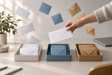 Conceito de triagem de e-mails: envelopes de papel organizados em três bandejas sobre uma mesa