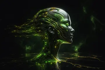 Cabeça de agente de IA humanoide feita de circuitos brilhantes em verde e amarelo