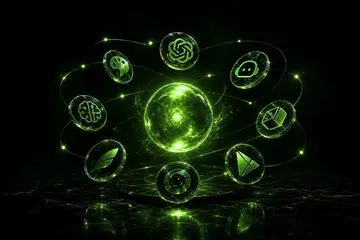 Constelação de ícones de ferramentas de IA gratuitas orbitando um núcleo verde luminoso