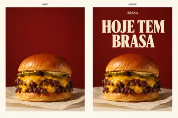 Ilustração original de uma fotografia de hambúrguer fictício e um cartaz com HOJE TEM BRASA