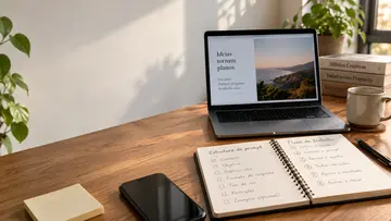Mesa de trabalho com notebook e caderno mostrando lista de prompts de IA para rotina de escritorio.