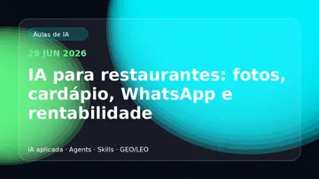 Capa do guia IA para restaurantes com título sobre fotos, cardápio, WhatsApp e rentabilidade sobre fundo escuro com formas verdes e azuis