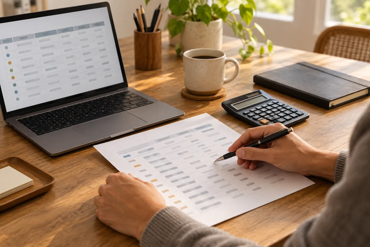 Mãos conferem uma tabela de trabalho ao lado de calculadora e computador