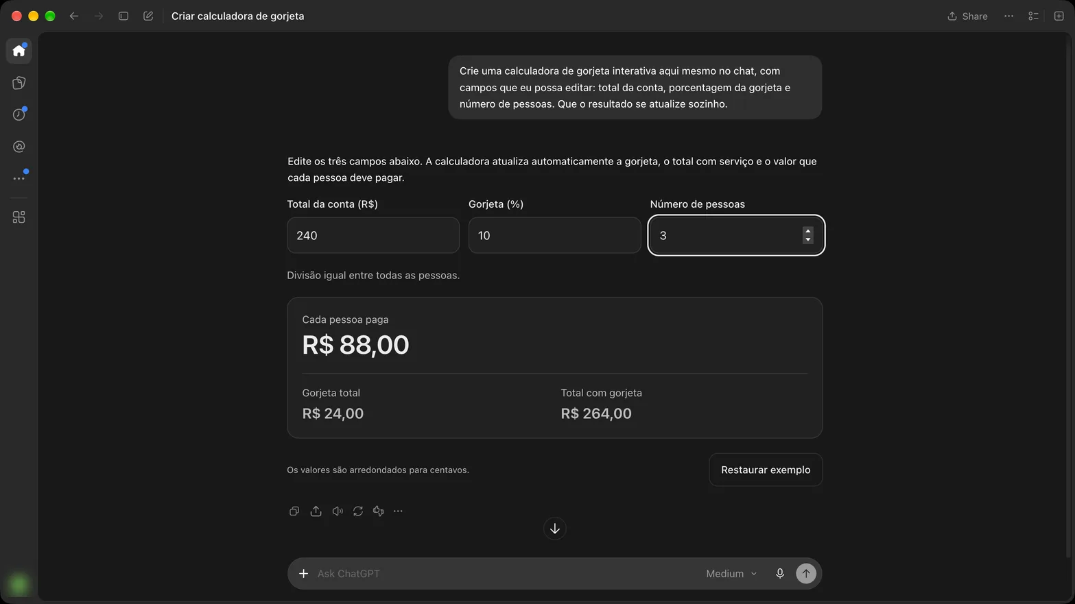 Uma calculadora de gorjeta