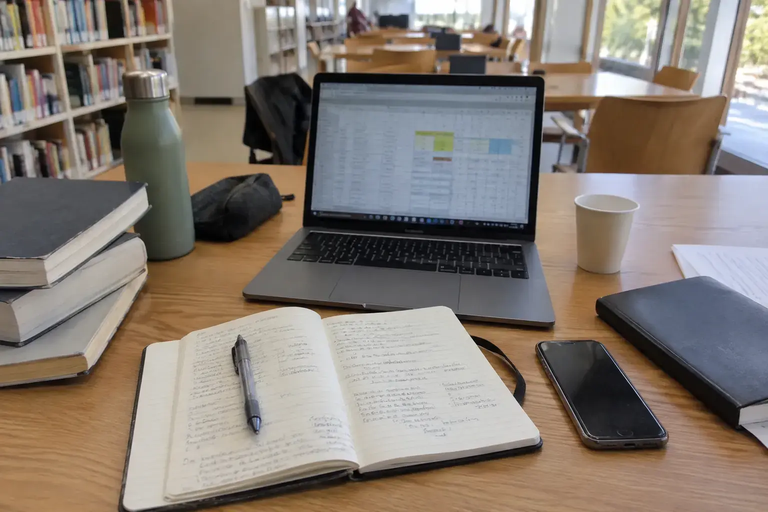 Cuaderno de estudio y portátil en una biblioteca; imagen editorial para la guía de cursos de IA en Guadalajara.