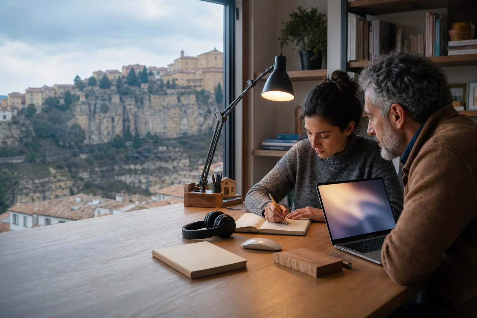Dos adultos estudian con un portátil y un cuaderno en una sala con vistas a las laderas y los tejados de Cuenca.