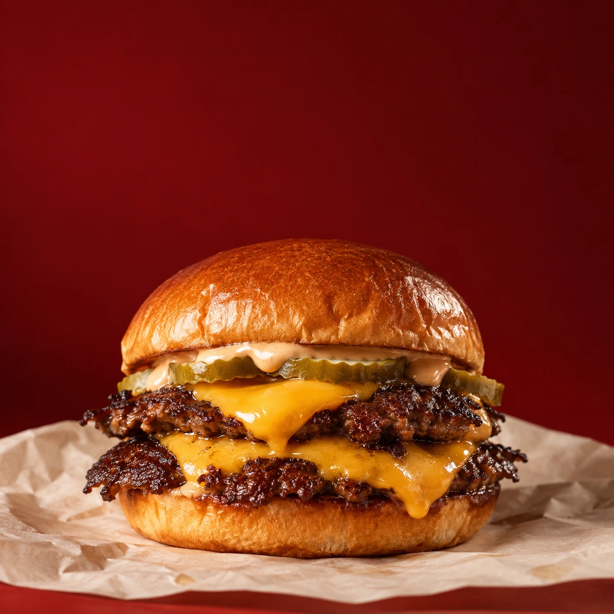 Fotografía original de la campaña ficticia BRASA: hamburguesa en la mitad inferior y espacio rojo superior libre