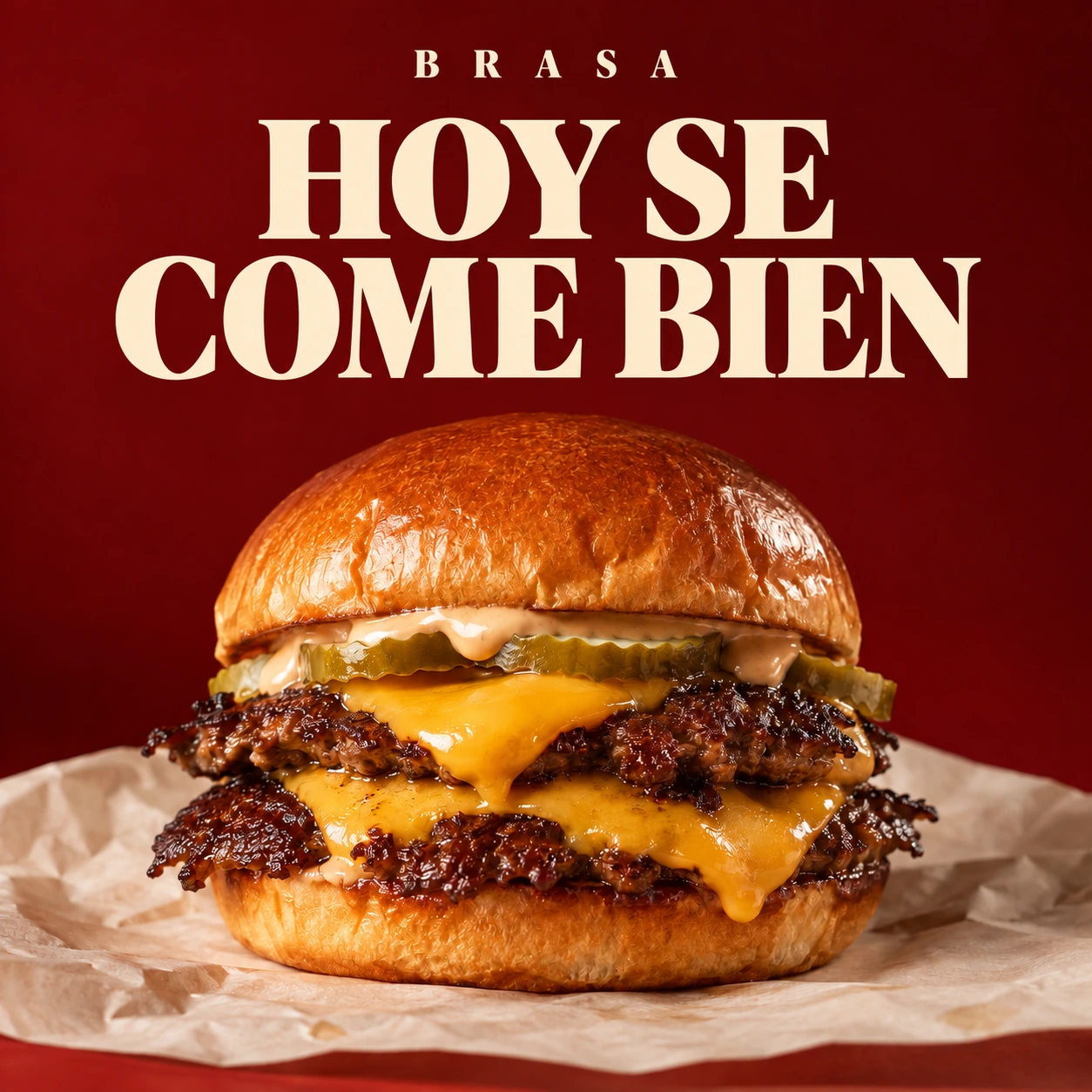 Anuncio original de BRASA con el titular HOY SE COME BIEN sobre la fotografía de la hamburguesa