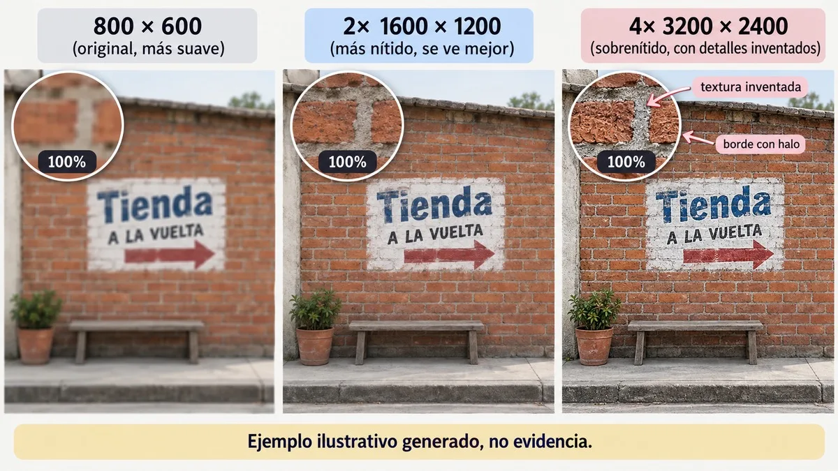 Comparación educativa de reescalado 2x a 1600 por 1200 y 4x a 3200 por 2400 desde 800 por 600, con lupa al 100 por ciento