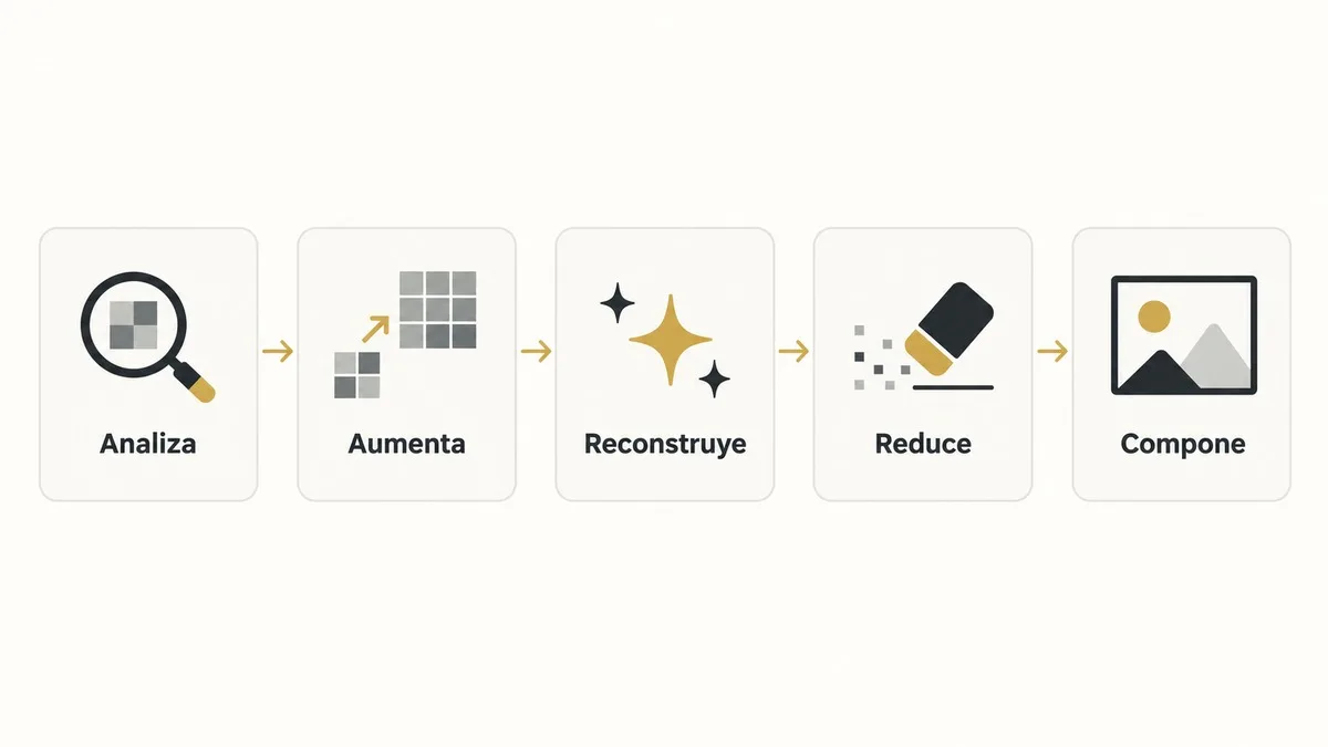 Diagrama de cinco pasos del reescalado con IA: analiza, aumenta, reconstruye, reduce y compone