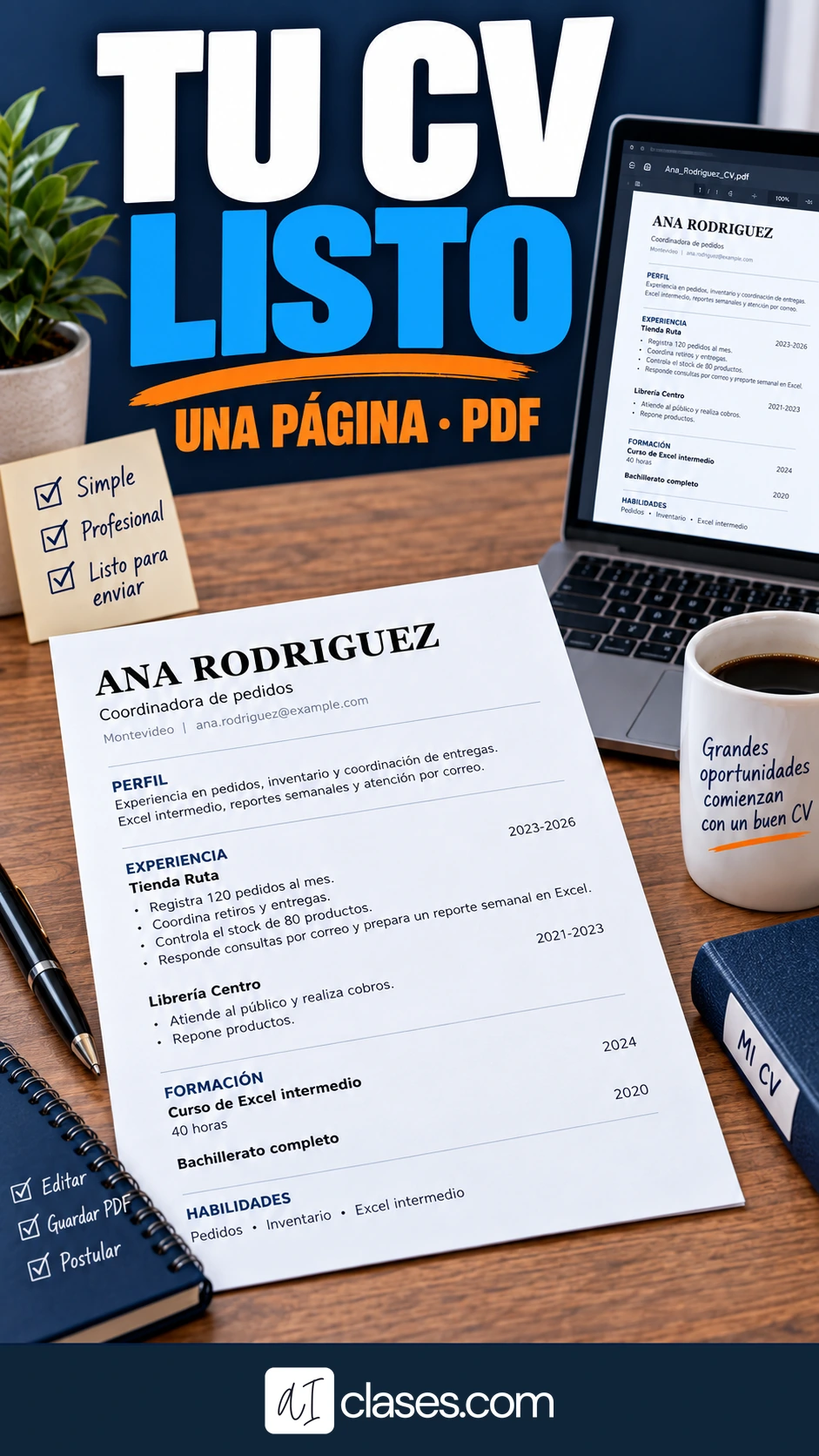 Un CV claro de una página, descargado en PDF
