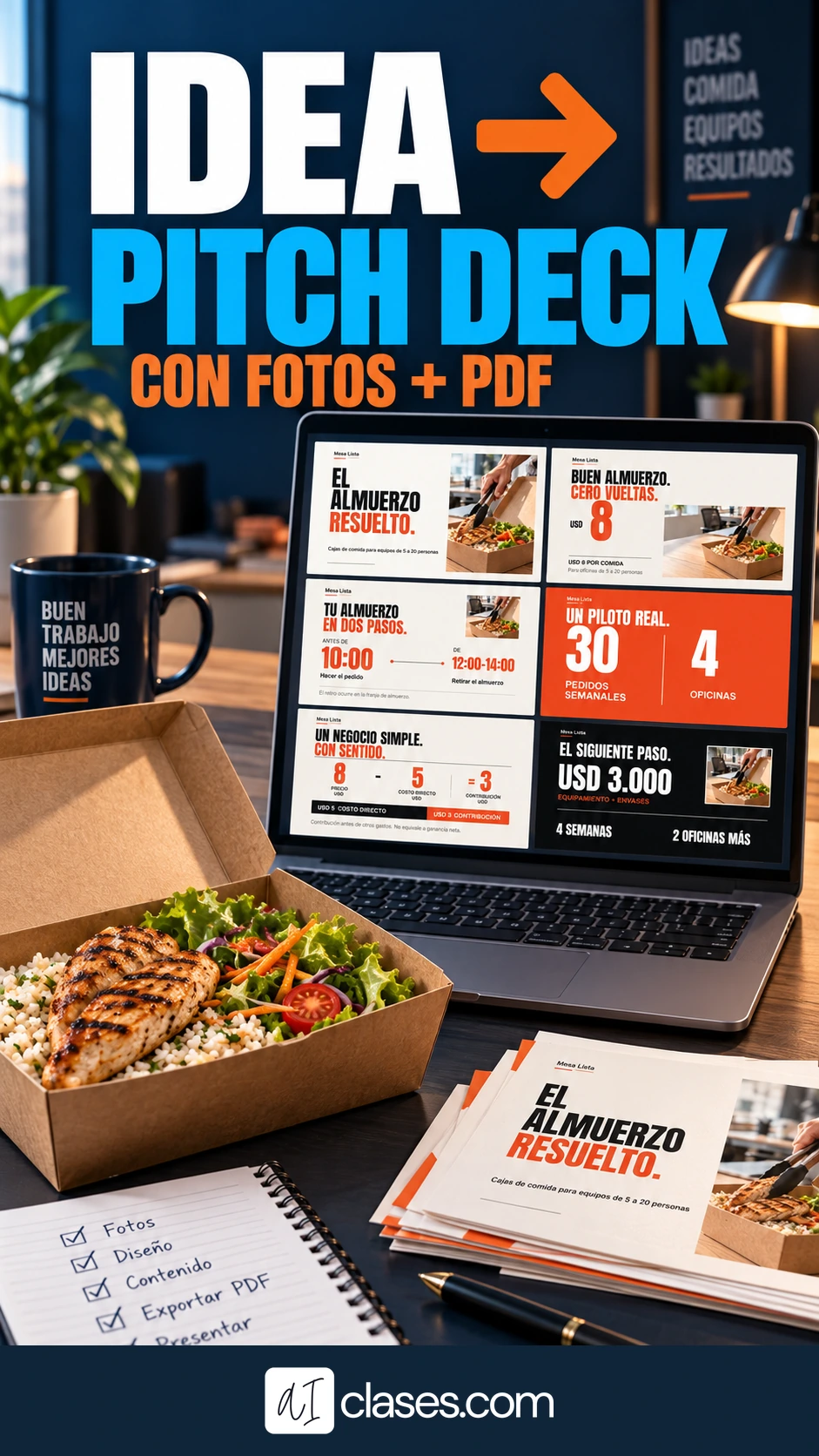 Un pitch deck con fotos creadas en el mismo chat
