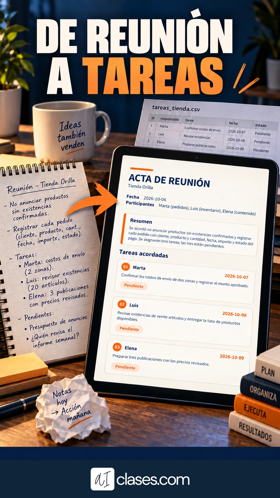 De una reunión a tareas con responsables y fechas