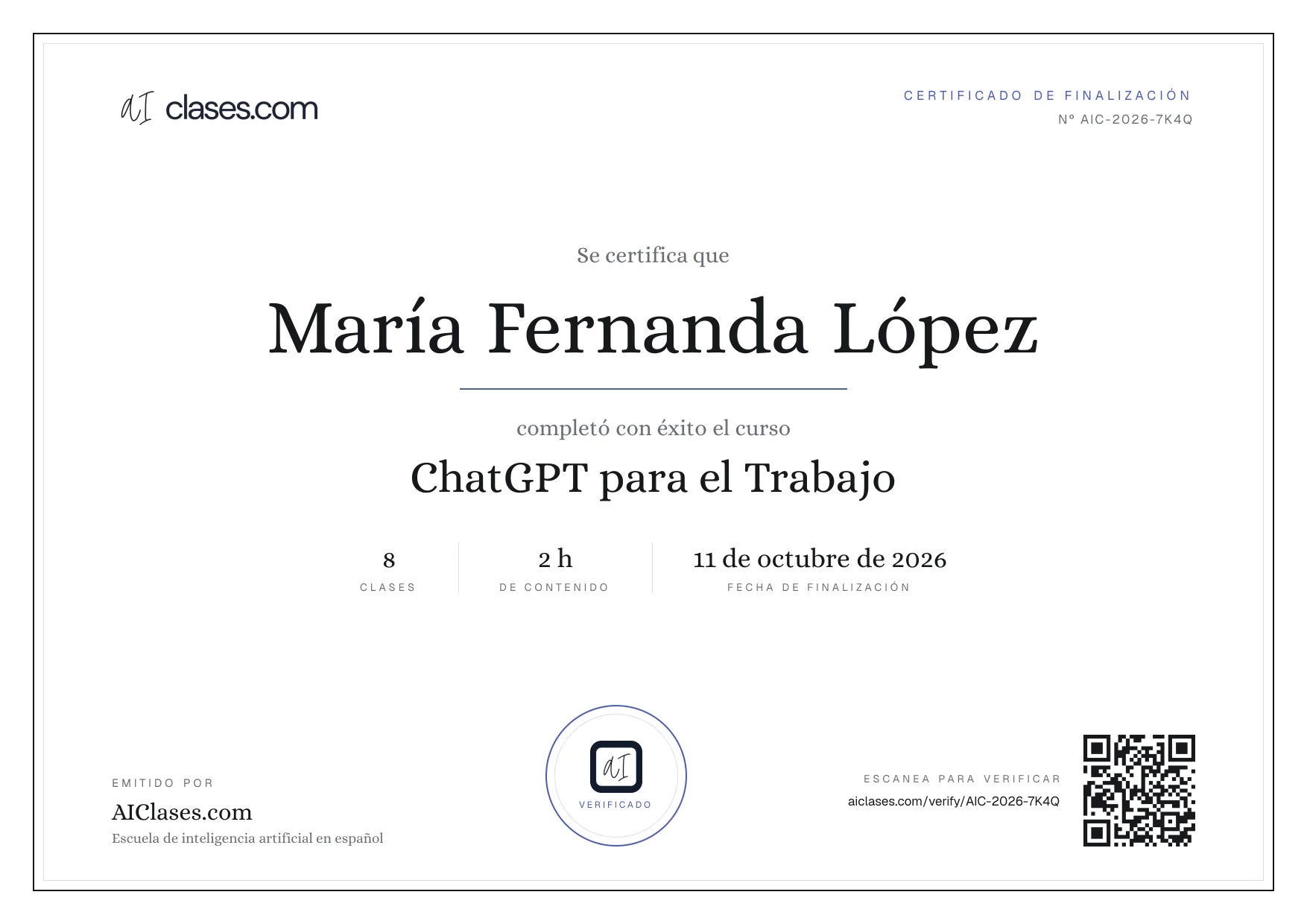 Ejemplo del certificado de finalización de Aulas de IA con logo, código y QR de verificación