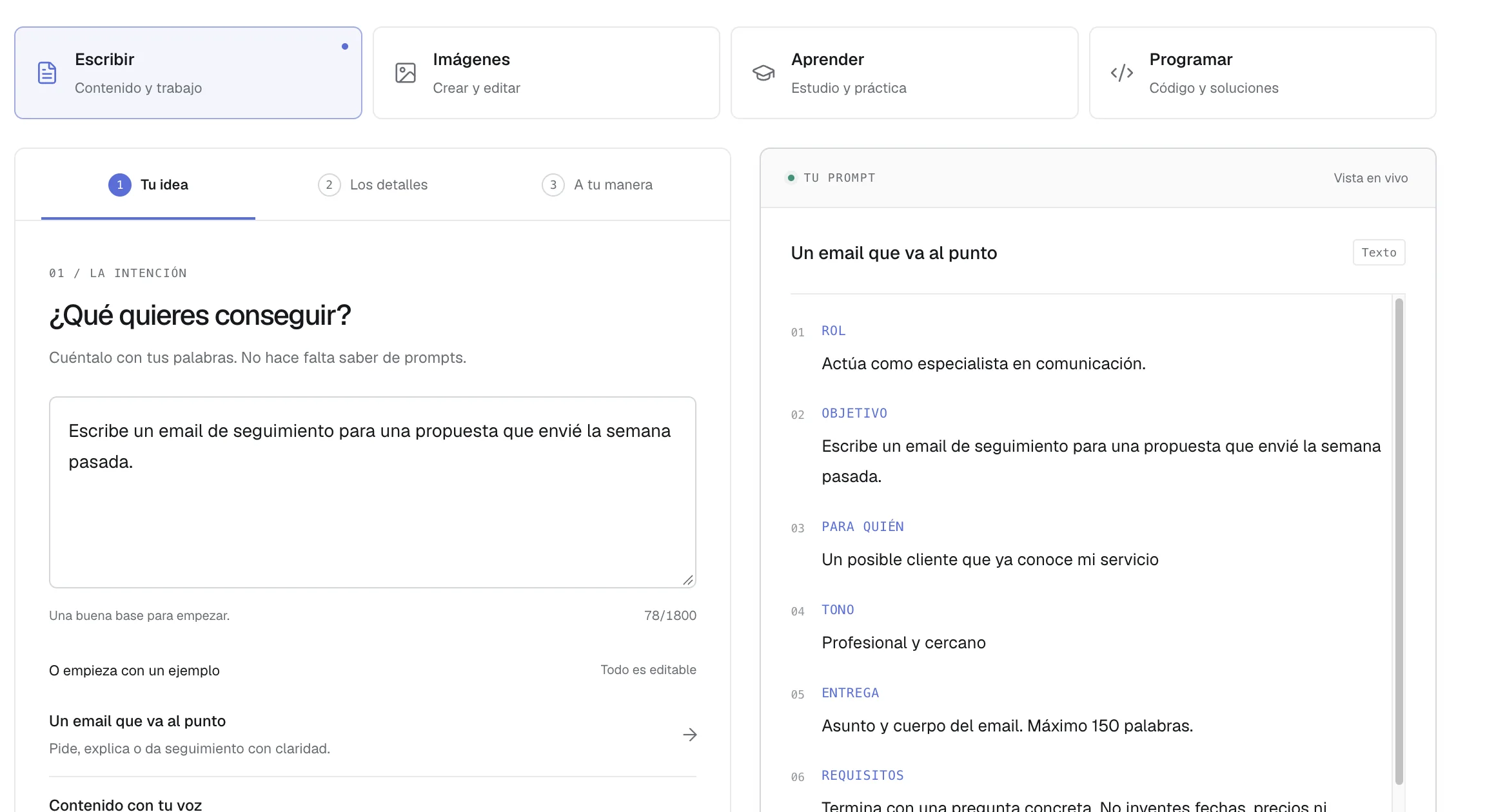 Creador de prompts de Aulas de IA con un prompt armado en vivo