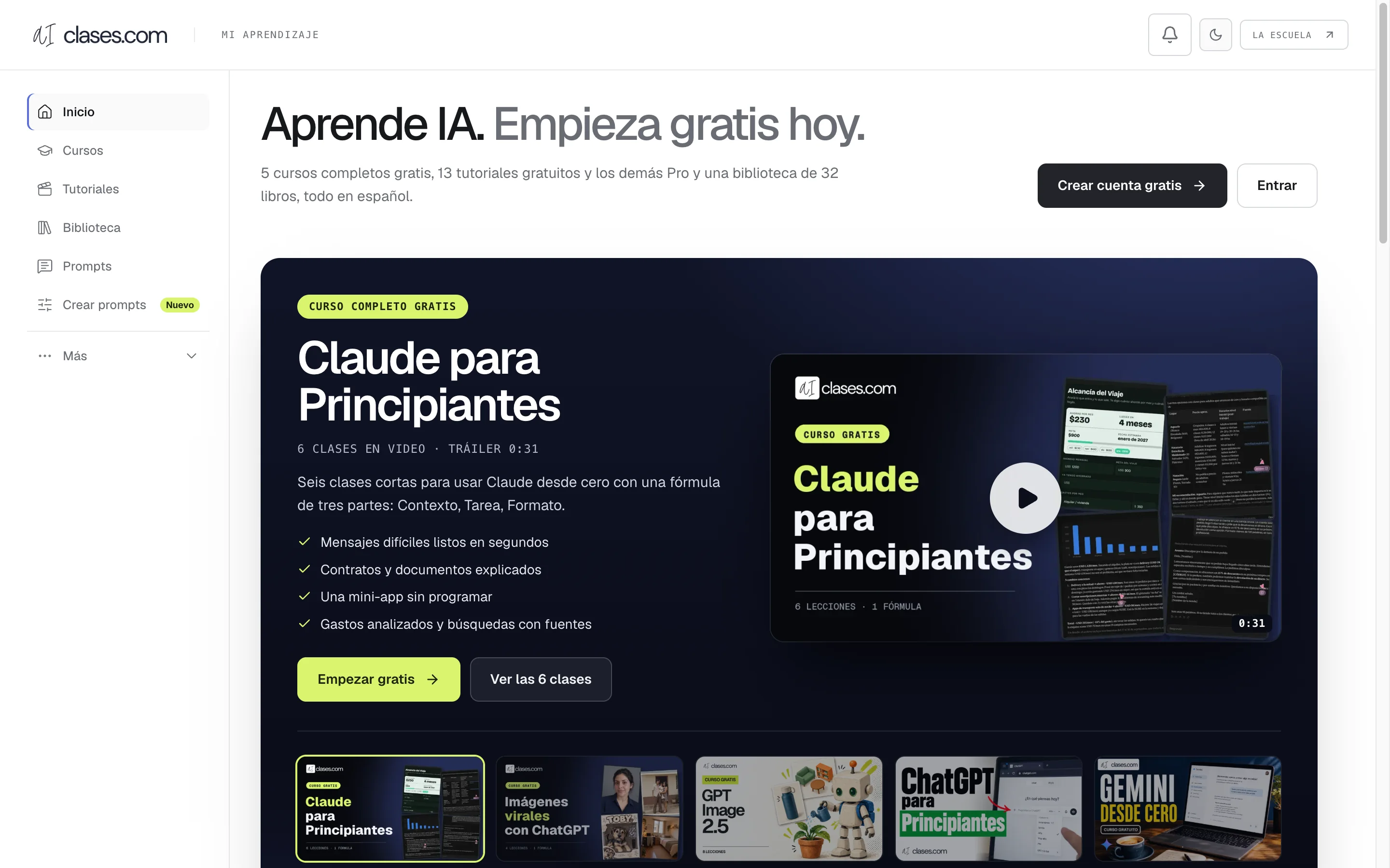 Panel del alumno de Aulas de IA con cursos, tutoriales, biblioteca, prompts y creador de prompts