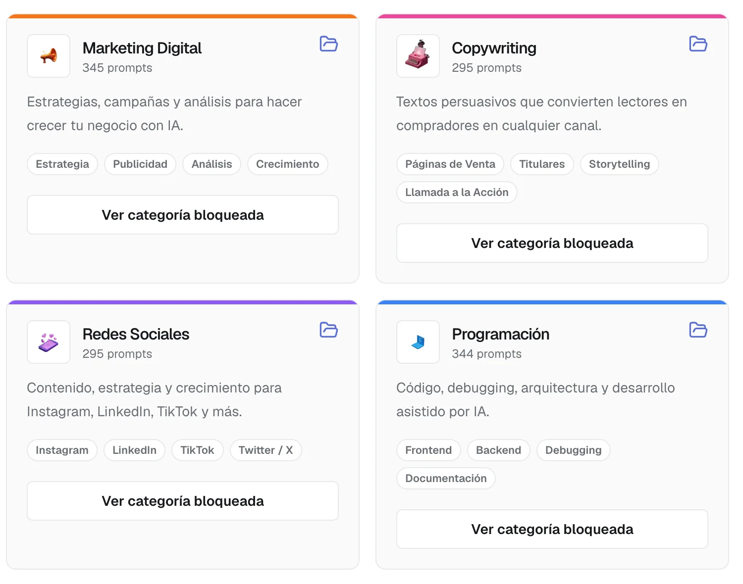 Categorías de la biblioteca de prompts de Aulas de IA