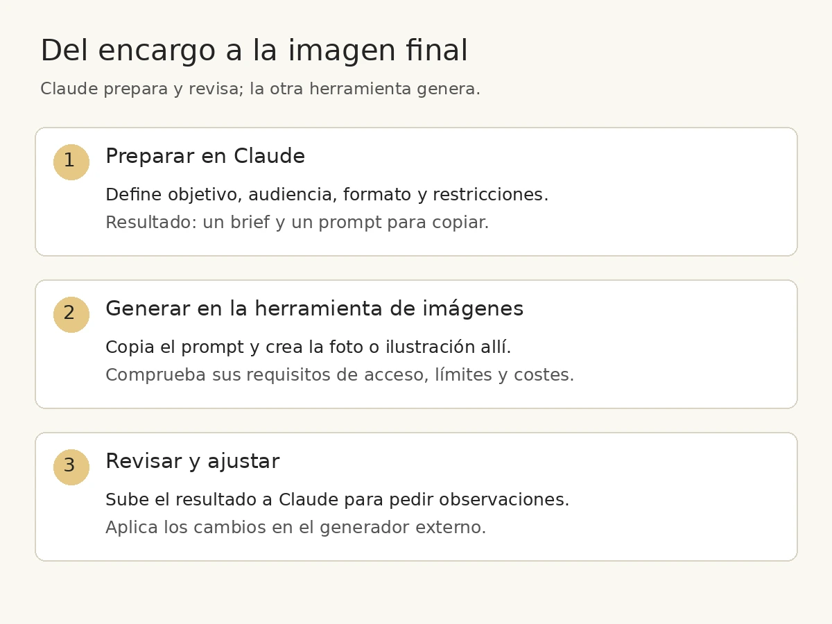 Tres pasos: preparar el brief en Claude, generar la imagen en otra herramienta y revisar el resultado.