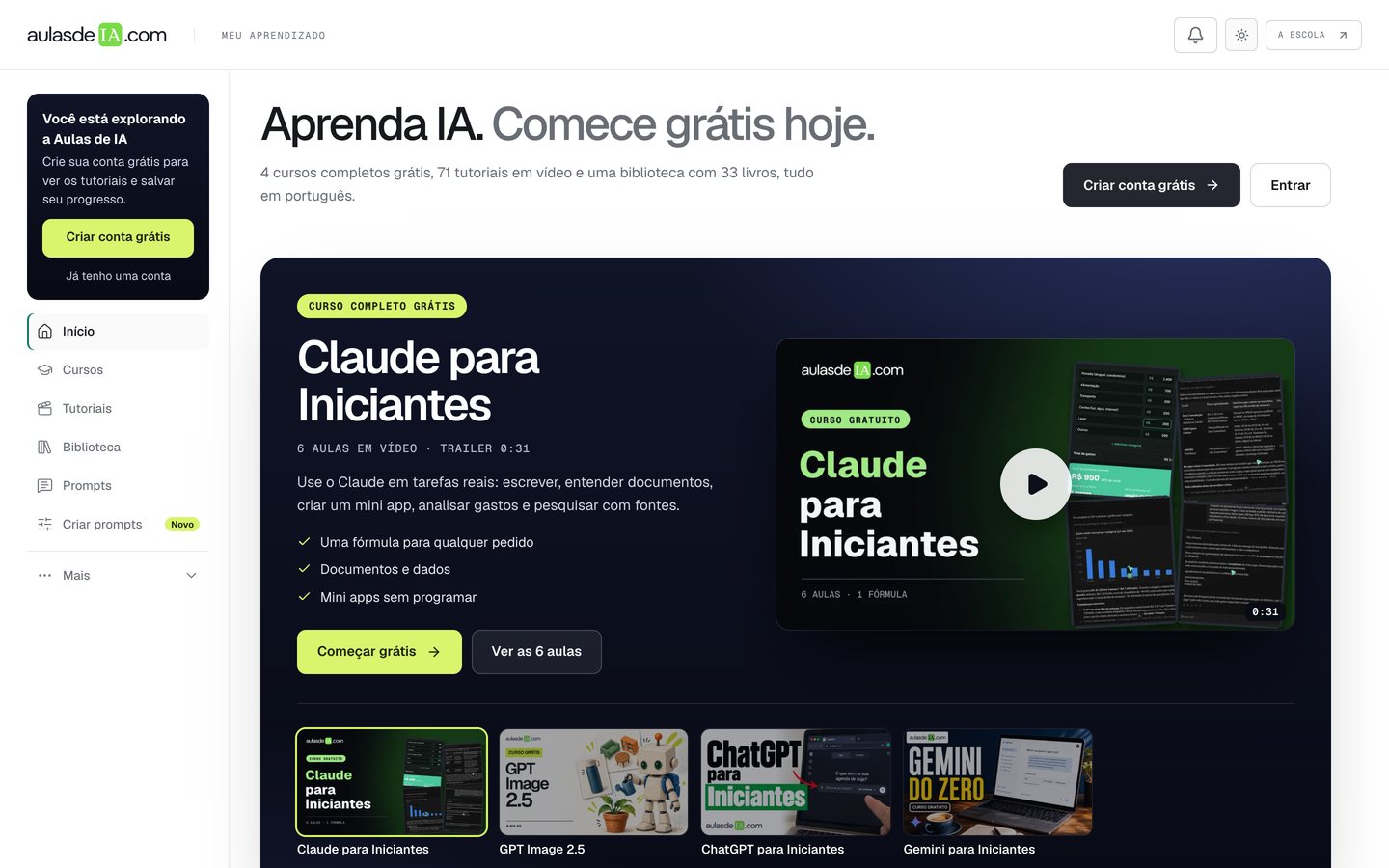 Painel de aluno da Aulas de IA com cursos grátis, cursos novos e tutoriais