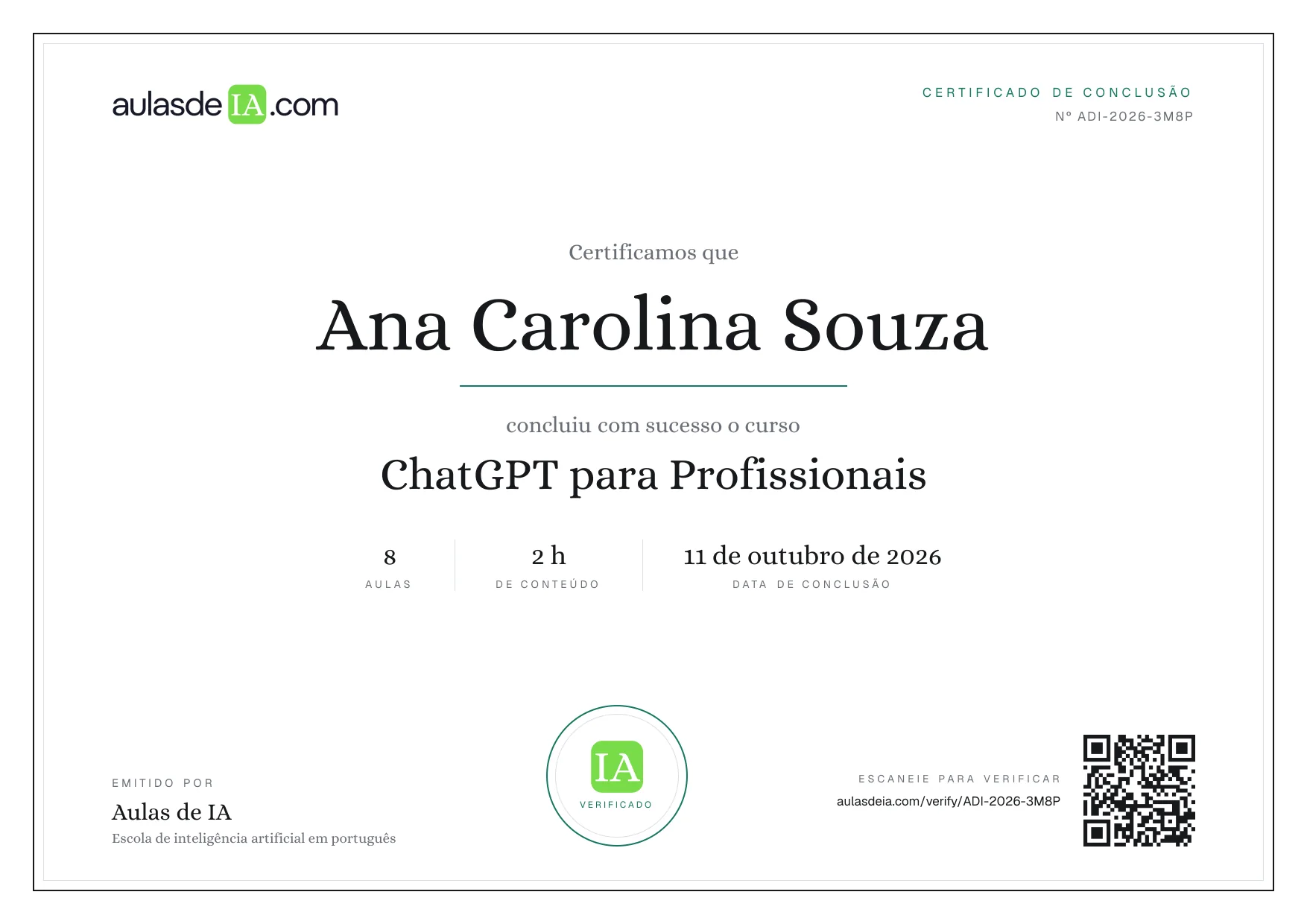 Exemplo do certificado de conclusão da Aulas de IA com logo, código e QR de verificação