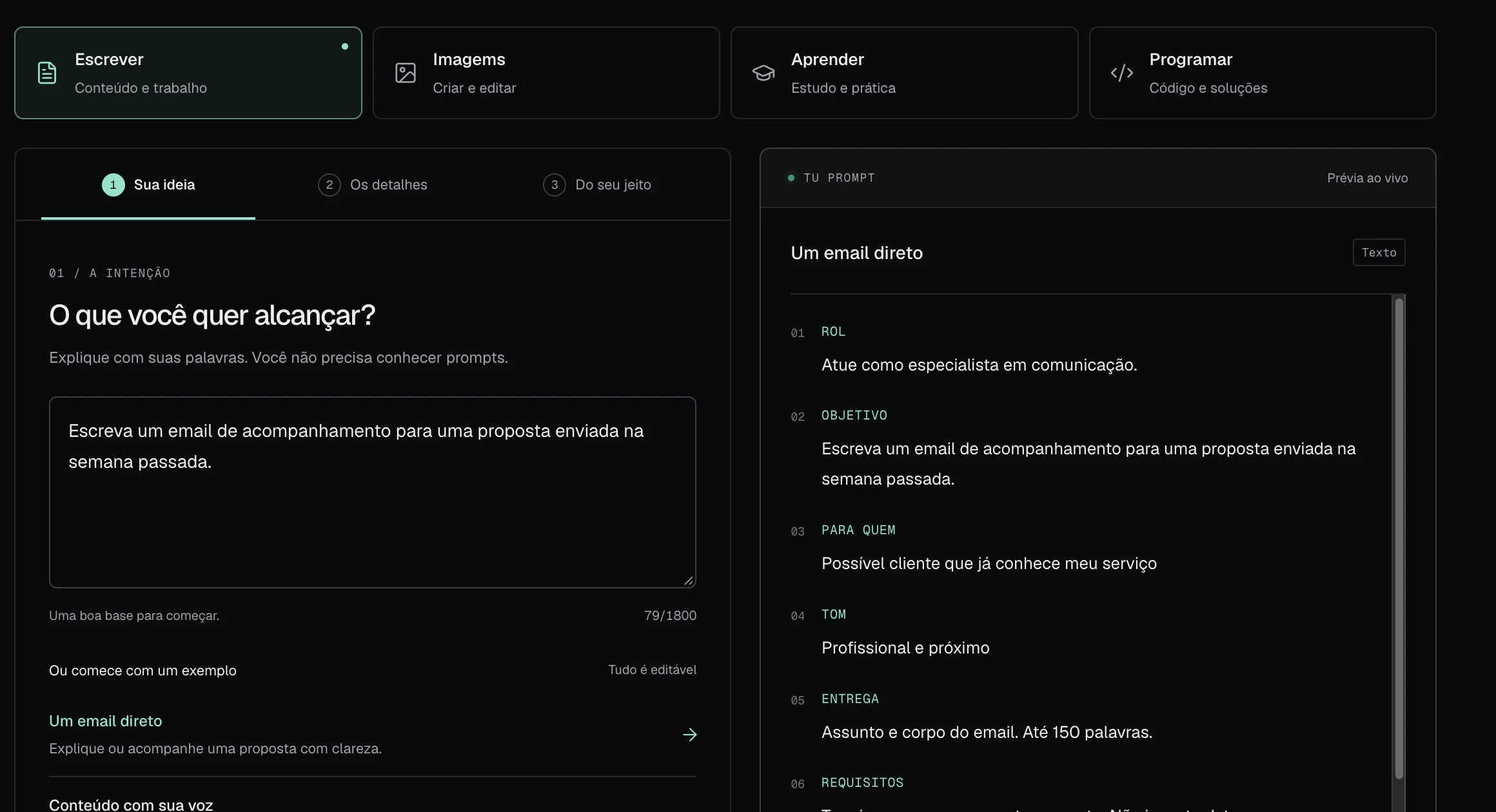 Criador de prompts da Aulas de IA montando um prompt ao vivo
