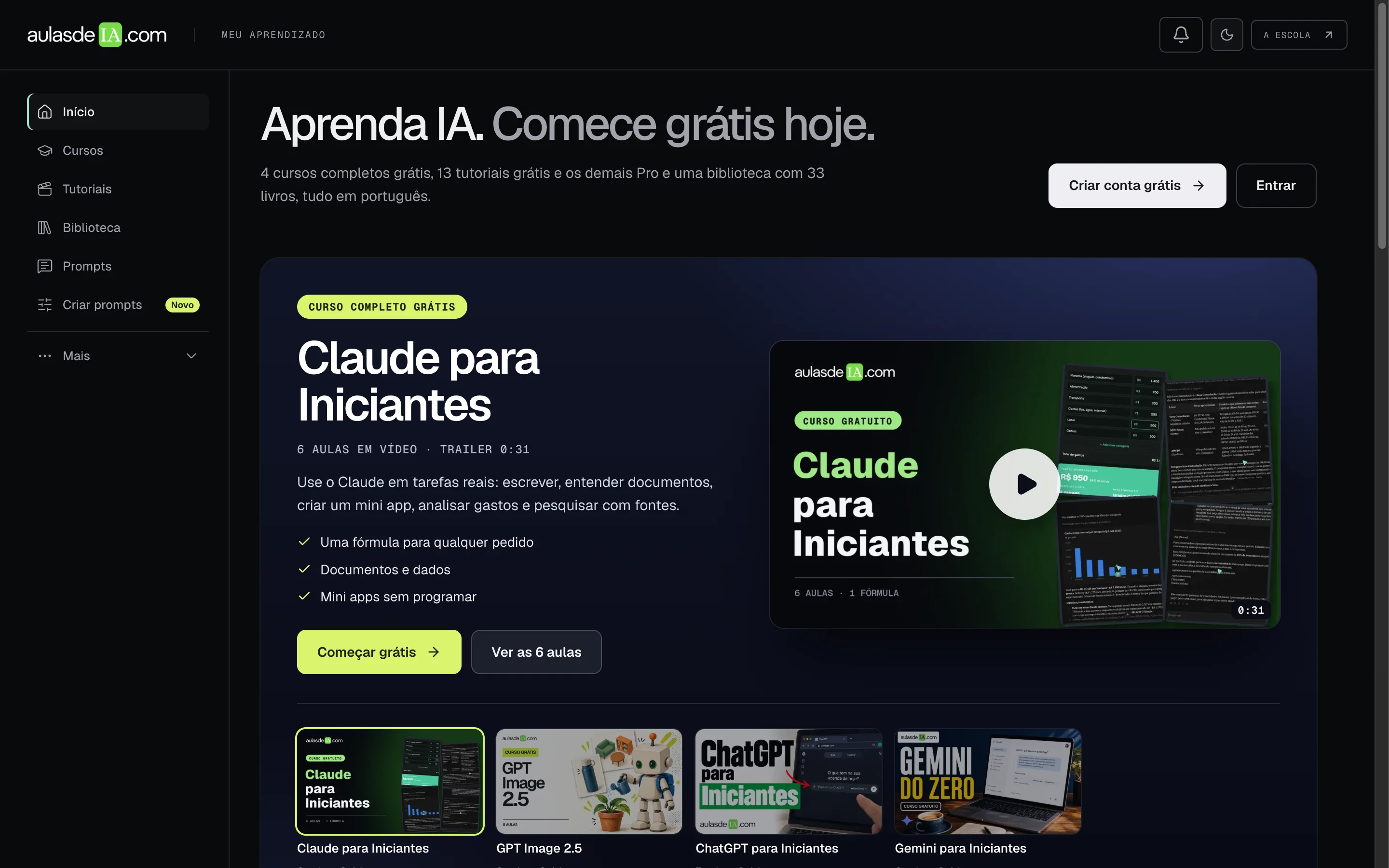 Painel do aluno da Aulas de IA com cursos, tutoriais, biblioteca, prompts e criador de prompts